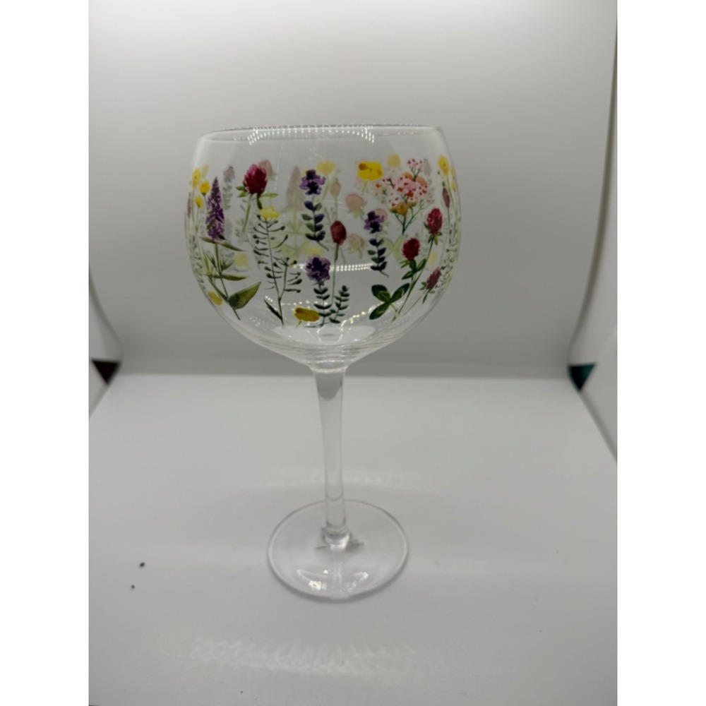 Enesco Ginology Wildflower Gin Balloon Glass Hand Painted Floral Stemmed 8in